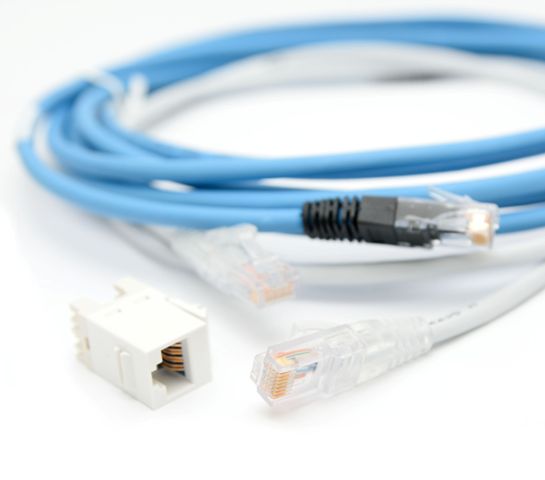 Blue and gray ethernet Cat5e cables